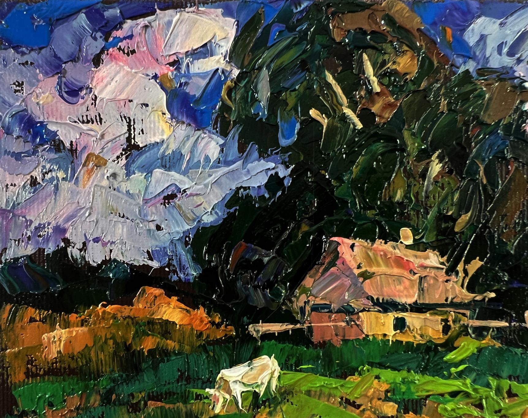 Oil painting of lonely house in field by Oleksiy Ivanyuk