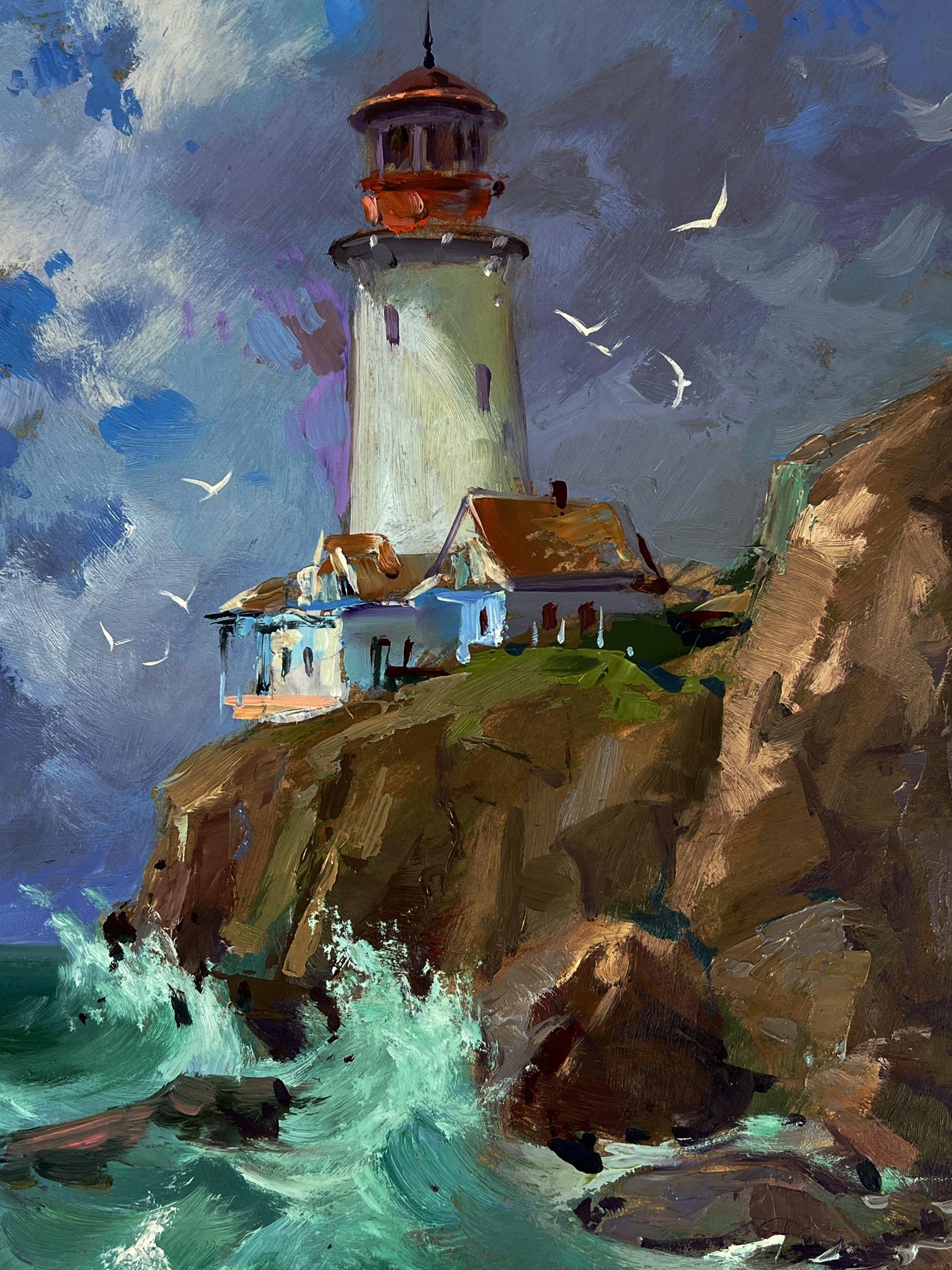 Oil painting of white lighthouse on rocky cliff by Yuriy Suprunchuk