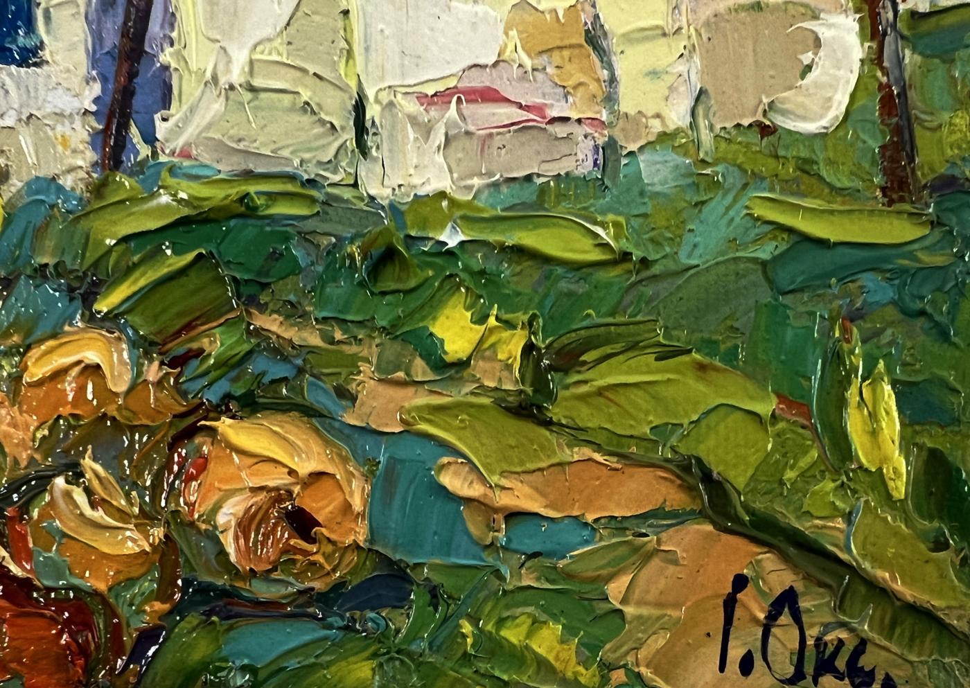 Vibrant impressionist oil painting In the Courtyard of the Village by Oksana Ivanyuk