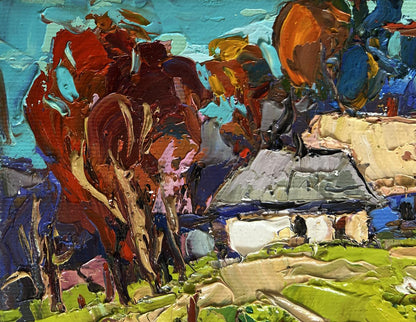 Vibrant impressionist oil painting by Oksana Ivanyuk of warm rural street village scene