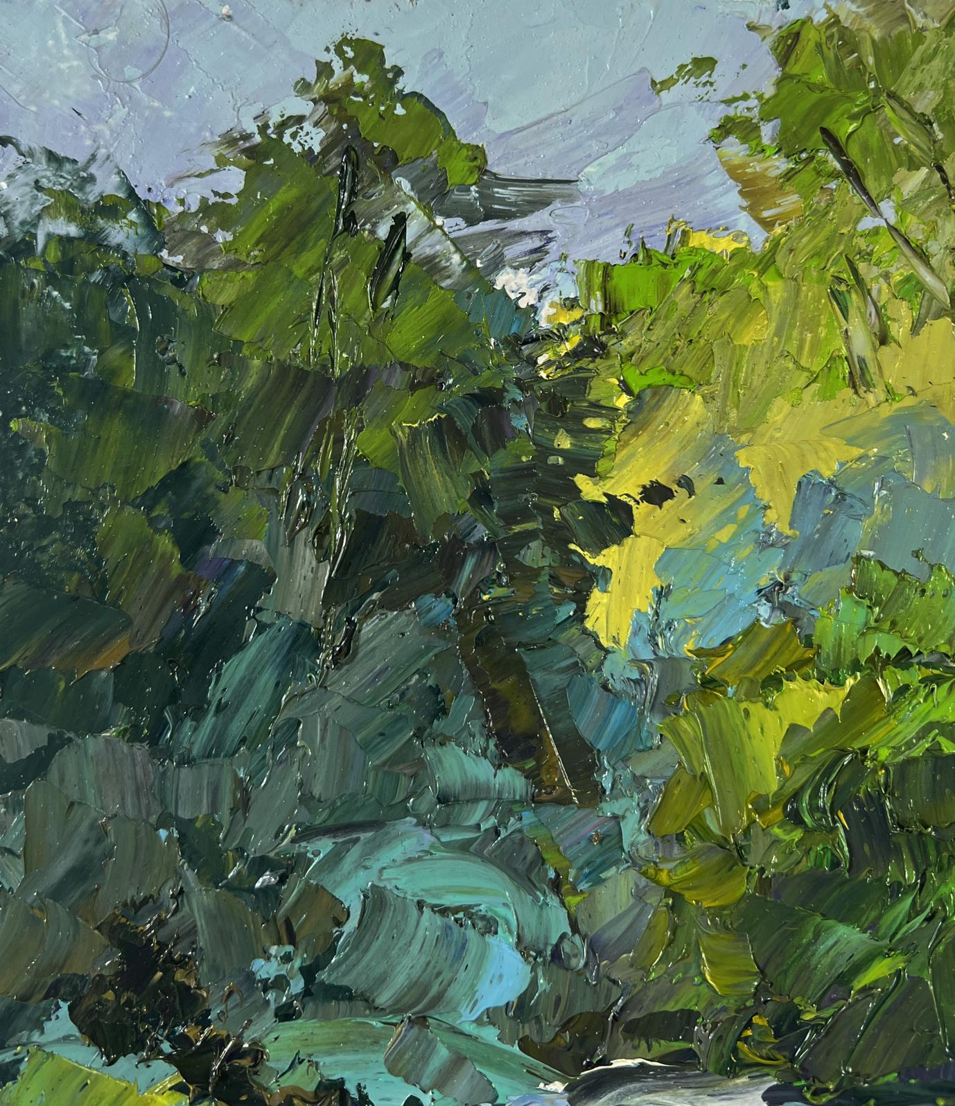Vibrant impasto oil painting of crystal water among rocky giants by Boris Serdyuk