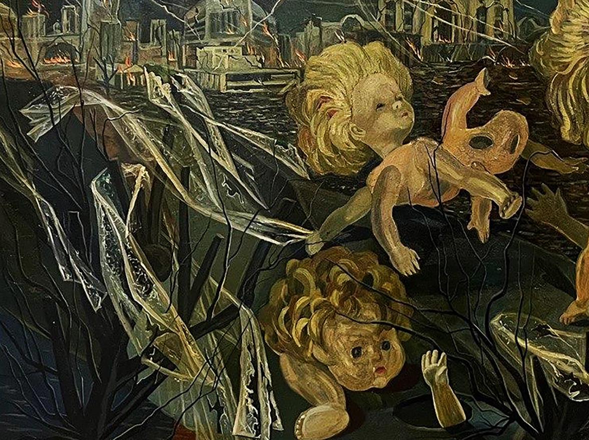 Psychedelic Walk oil painting by Leonid Ilyinsky: golden-haired doll-like children in dark ruins