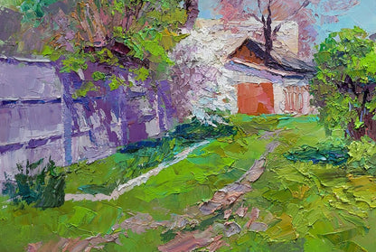 Vibrant impressionist oil painting Flowering garden Boris Serdyuk with orange door