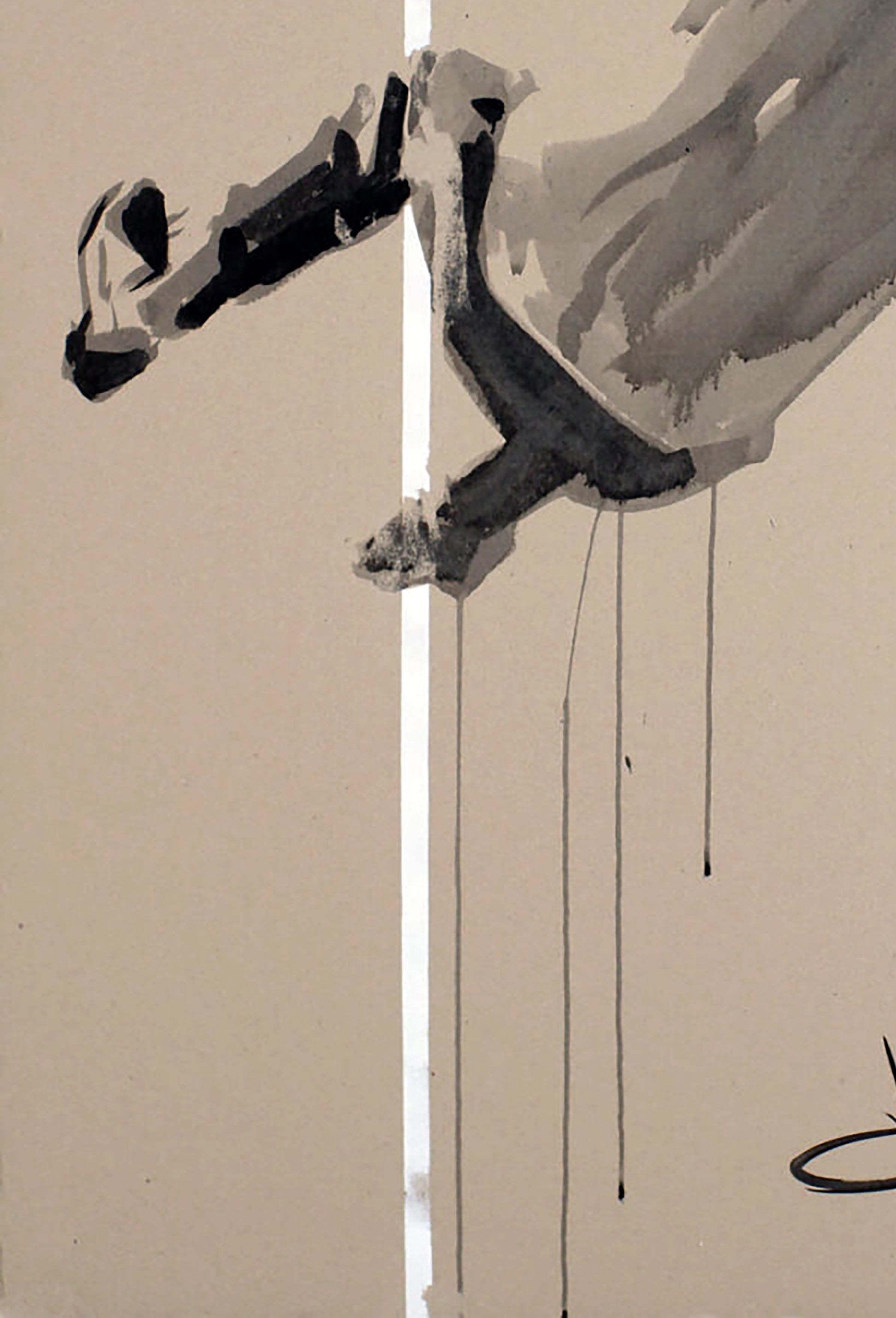 Abstract black gray ink painting by Dima Filatov A Fall Jump series on beige