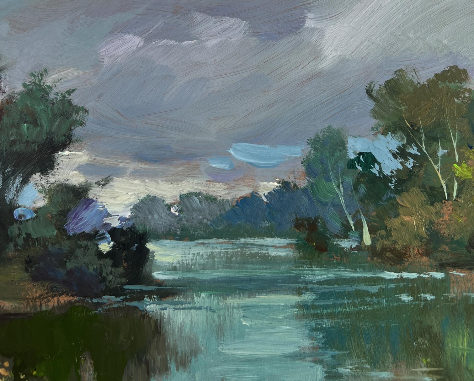 Serene impressionistic oil painting The rain is approaching the river by Yuriy Suprunchuk