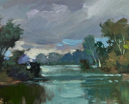 Serene impressionistic oil painting The rain is approaching the river by Yuriy Suprunchuk