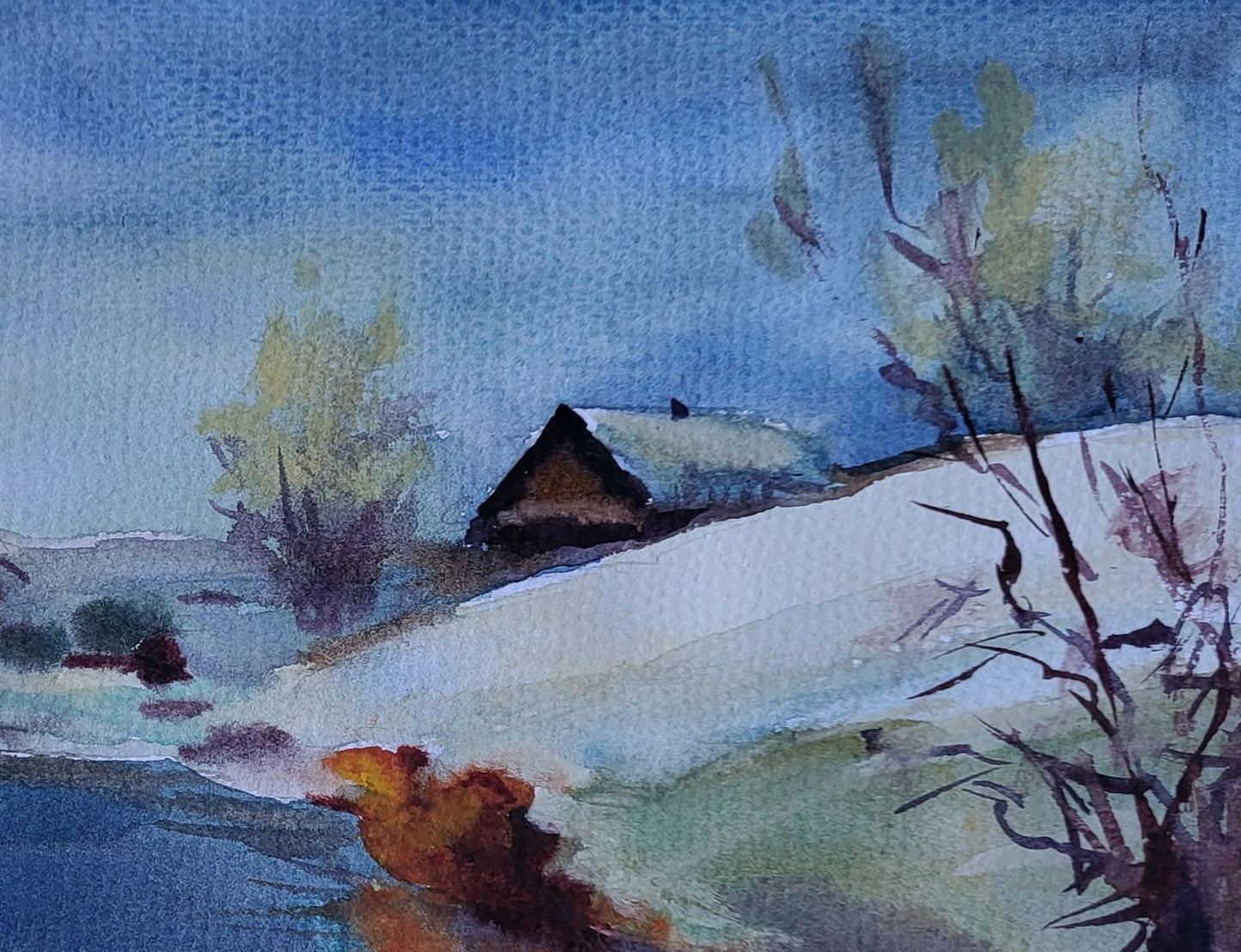 Watercolor painting of snowy landscape with house by Boris Serdyuk