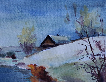 Watercolor painting of snowy landscape with house by Boris Serdyuk