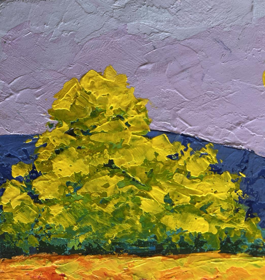 Oil painting Twilight in the Mountains V. Zadorozhnya vibrant yellow tree lavender sky