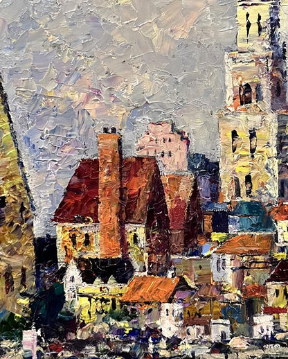 Oil painting City boats at the ferry by Serhiy Rybak textured town scene