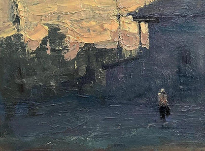 Textured impasto oil painting of church construction in village by Volodymyr Pashchenko
