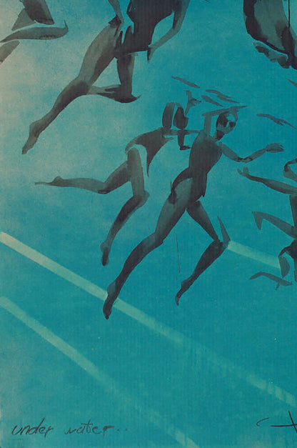 Blue underwater watercolor painting by Dima Filatov with stylized swimmers