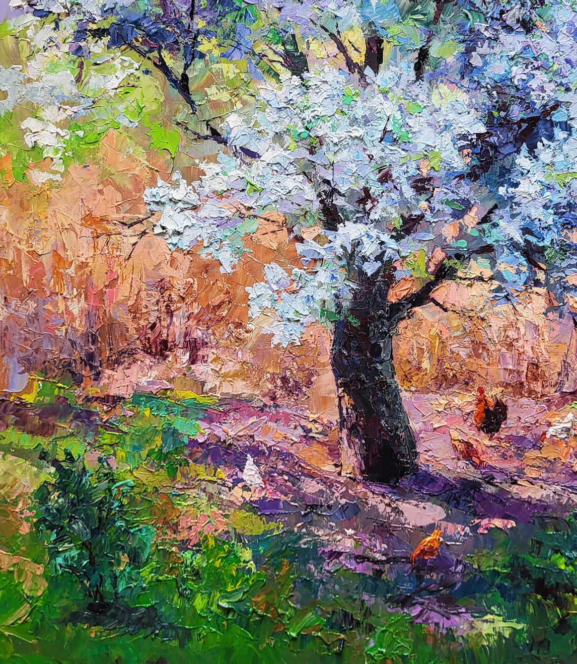 Vibrant oil painting of pear blossoms by Boris Serdyuk, impressionist style