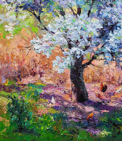 Vibrant oil painting of pear blossoms by Boris Serdyuk, impressionist style