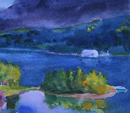 Serene watercolor lake at twilight by Boris Serdyuk
