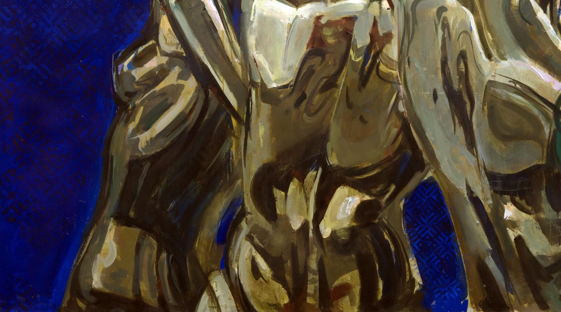 Abstract acrylic painting by Ed Potapenkov in gold, brown, blue