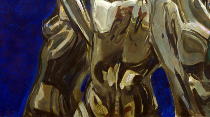 Abstract acrylic painting by Ed Potapenkov in gold, brown, blue