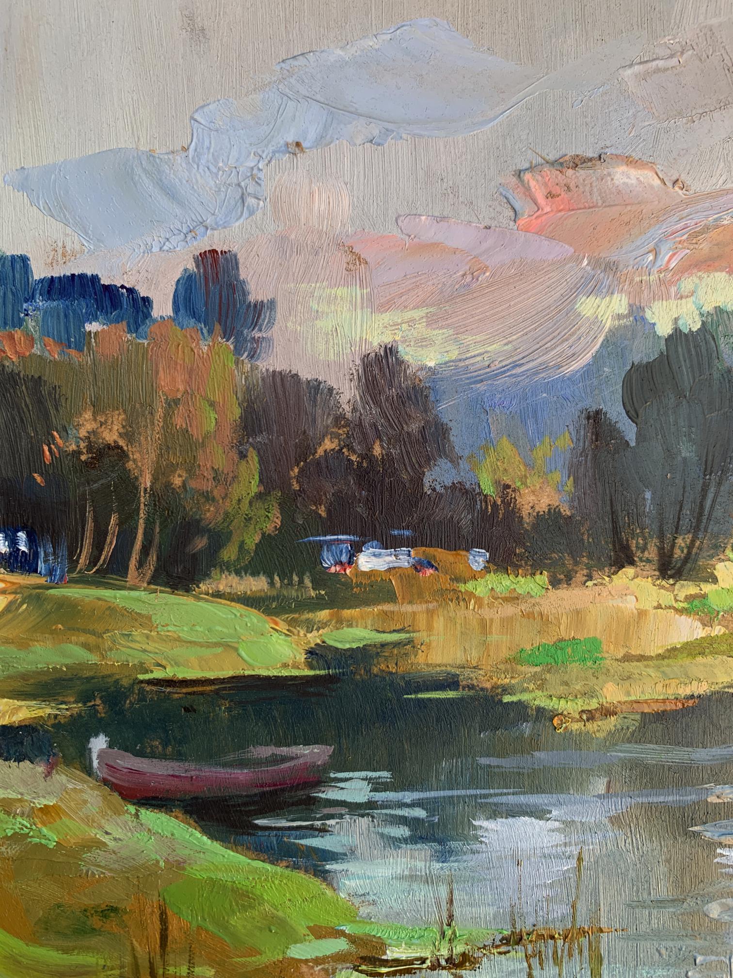 Oil painting by Yuriy Suprunchuk: maroon rowboat on calm river bank