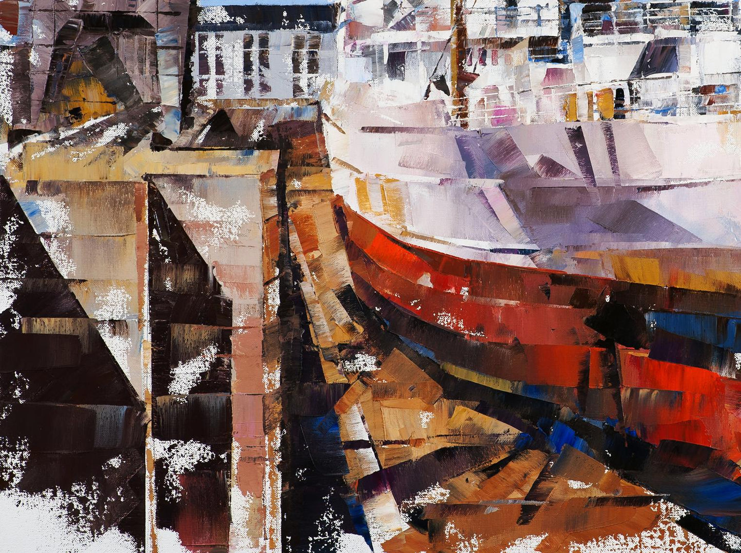Oil painting of cargo ship Turrialba in Southampton drydock