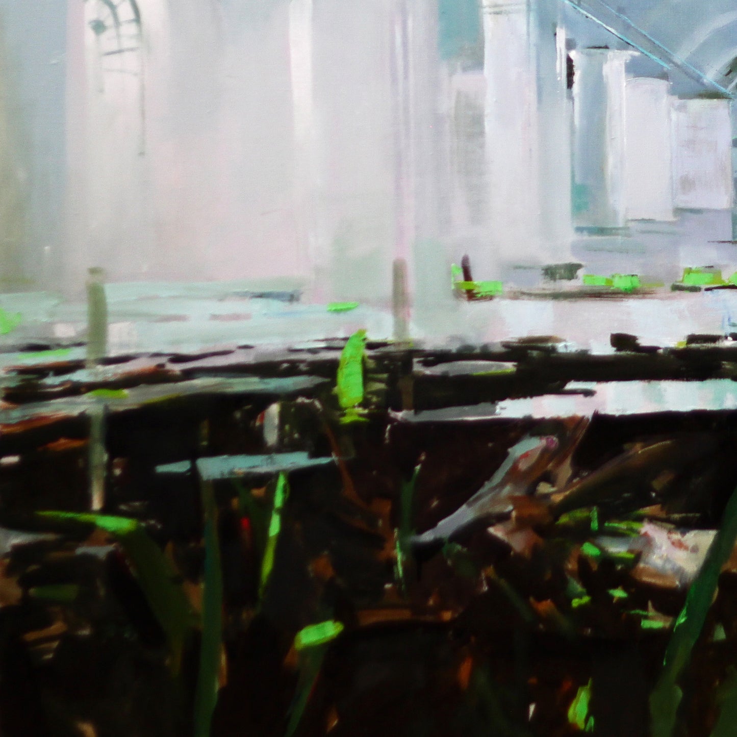 Translucent abstract oil painting by Arsenal Ed Potapenkov with blurred white architecture and green foliage