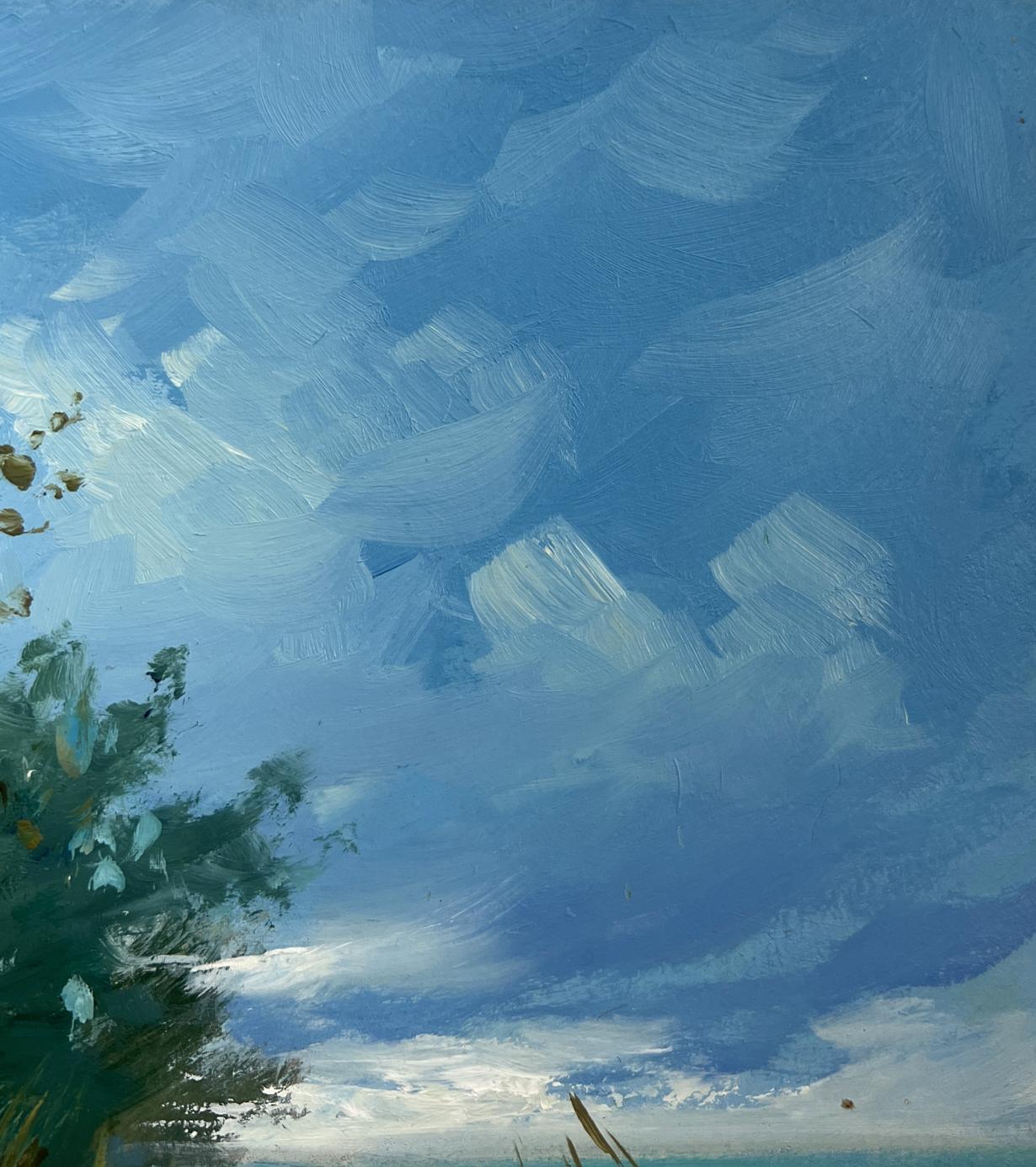 Oil painting Sunny warm day by the river by Yuriy Suprunchuk with textured blue sky, clouds and green tree