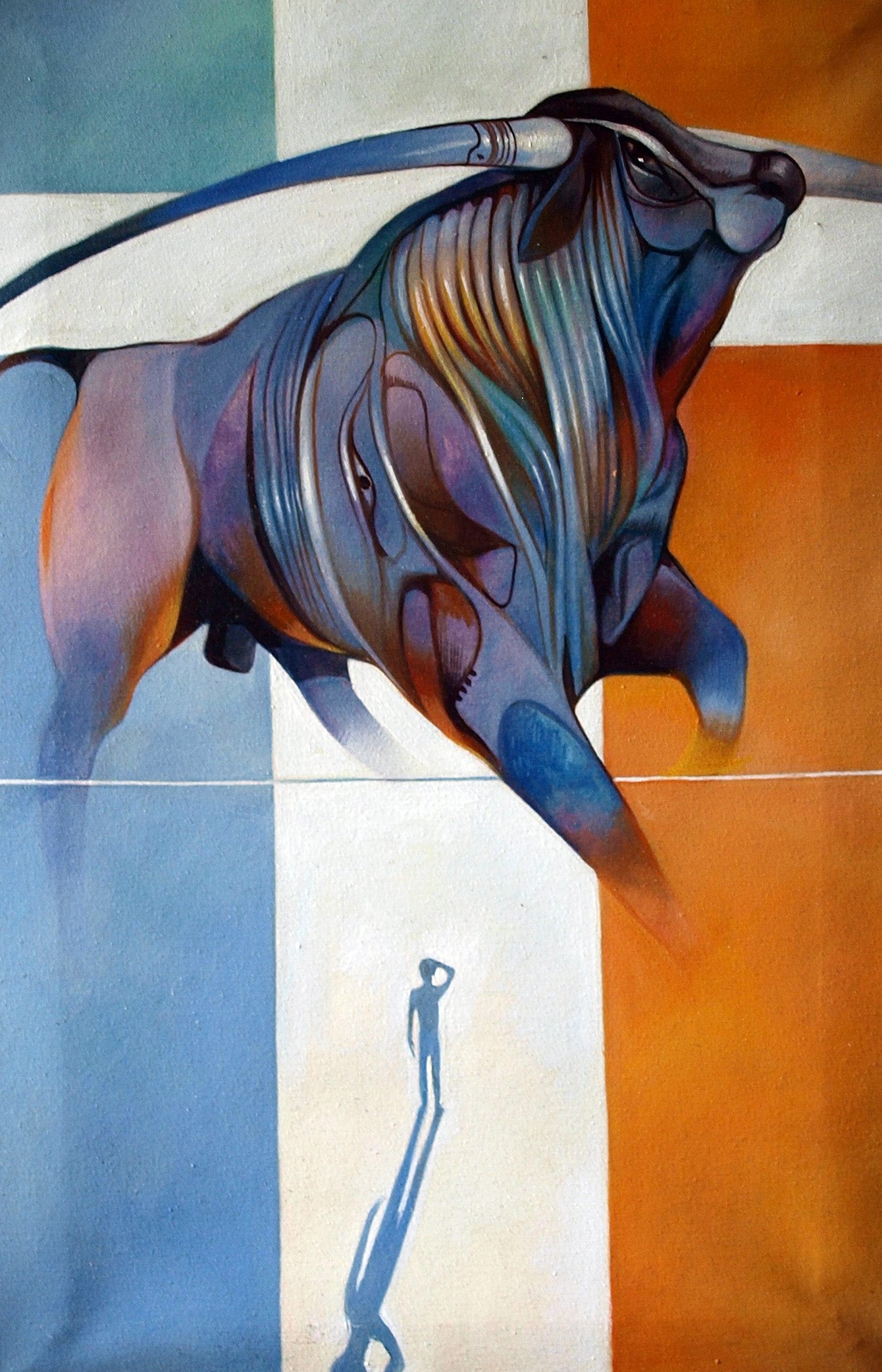 Vibrant stylized bull oil painting by Dharma Konsta G. Amelinn