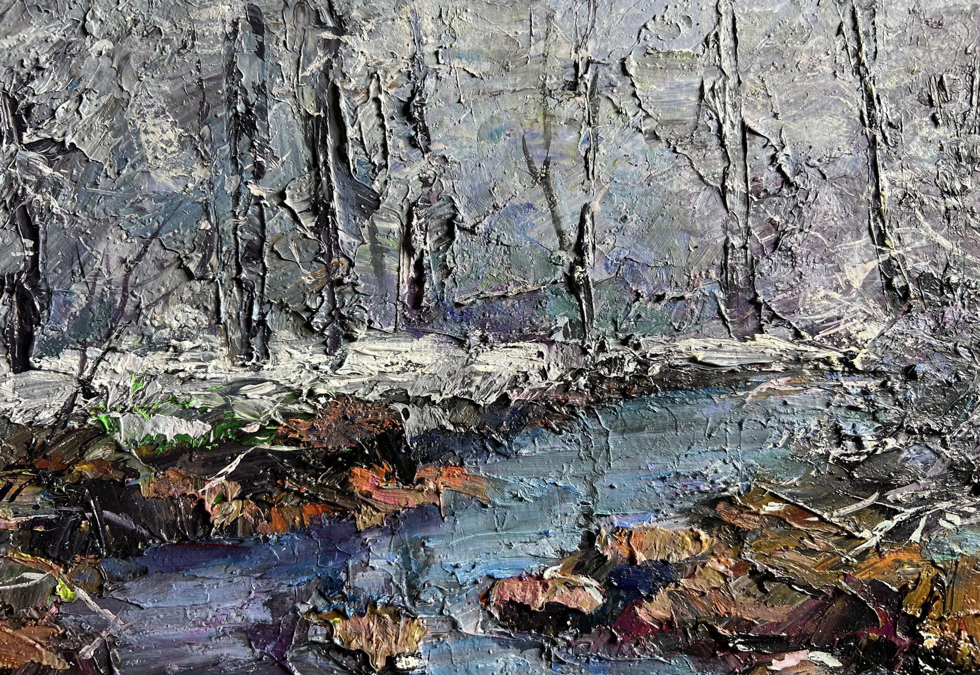 Oil painting Magical Winter by Boris Serdyuk: wintry forest with stream