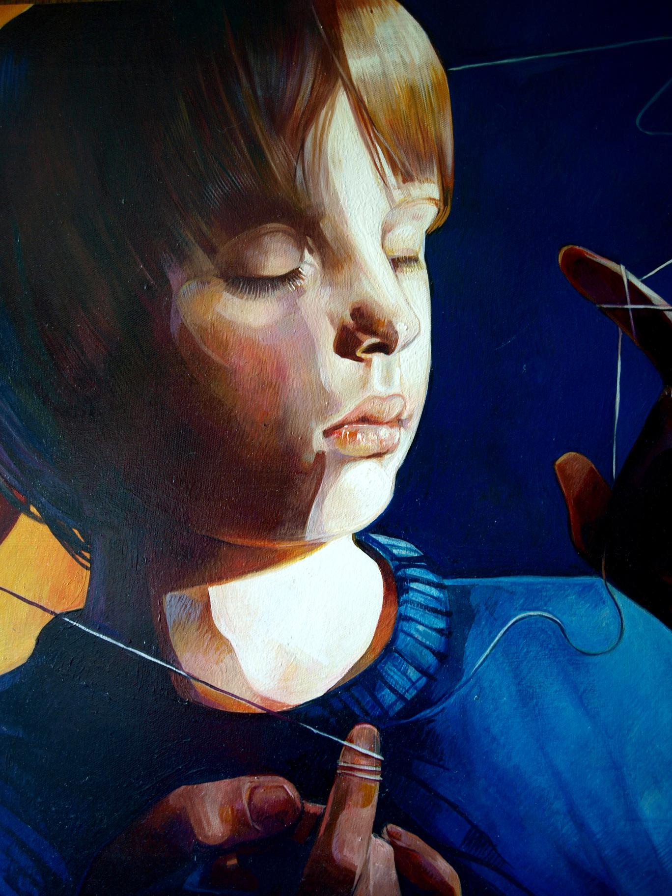 Oil painting Dream Catcher Konsta G. Amelinn: boy with closed eyes holding thread