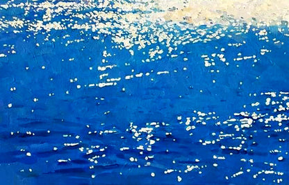Oil painting Shine by Anastasia Yaroshevich: vibrant blue ocean with sparkling sunlight reflections