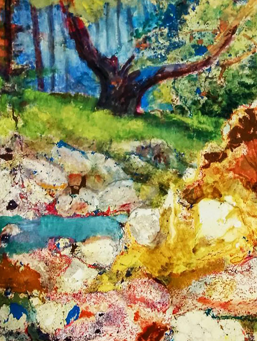 Vibrant watercolor oil painting of fairy tale forest stream by Vitaly Duhnevich