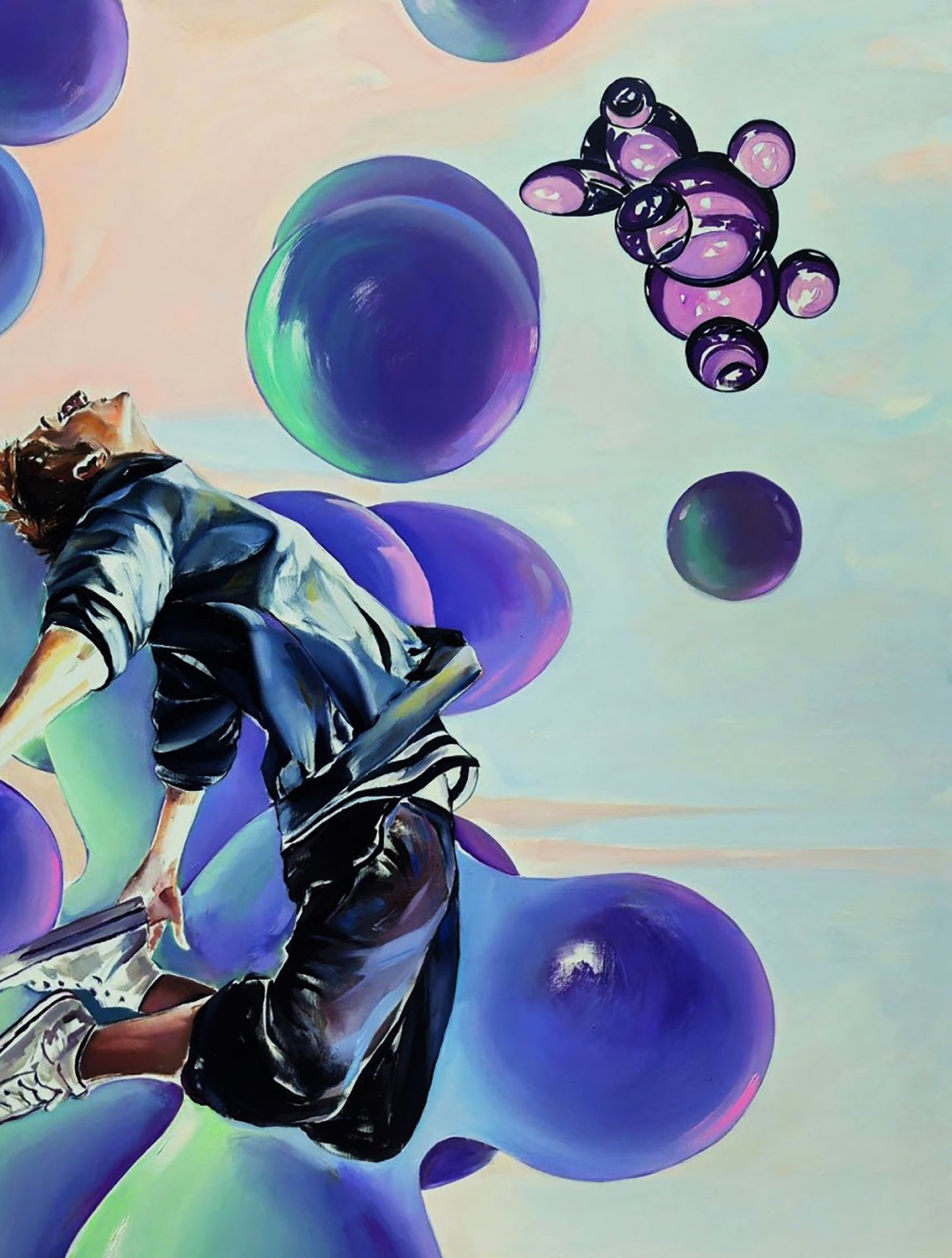 Surreal oil painting of TikTok man jumping by Igor Konovalov in bubbles