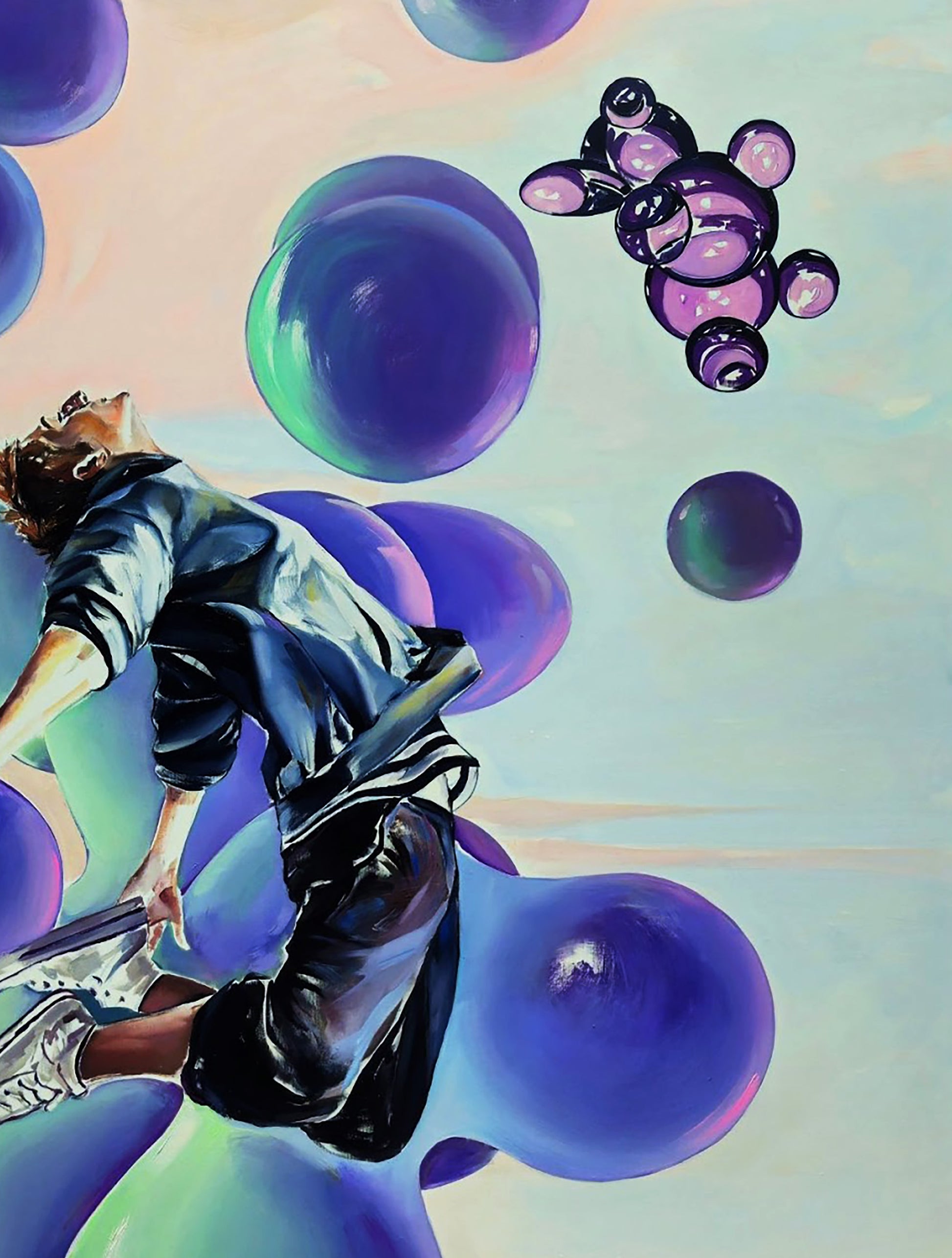 Surreal oil painting of TikTok man jumping by Igor Konovalov in bubbles
