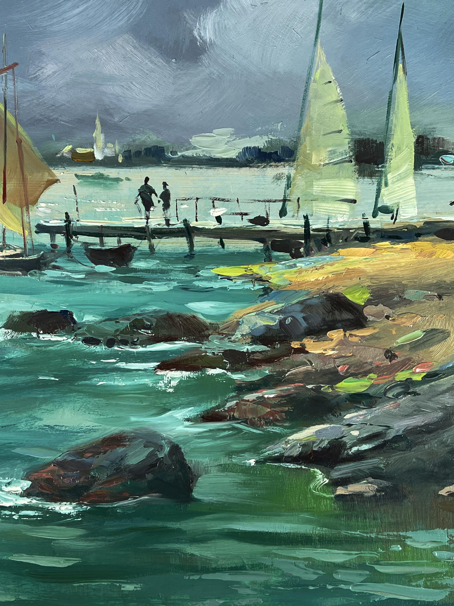 Vibrant impressionist oil painting Sea boats at the pier by Yuriy Suprunchuk