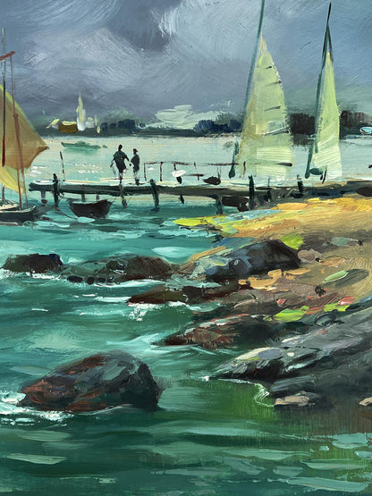 Vibrant impressionist oil painting Sea boats at the pier by Yuriy Suprunchuk
