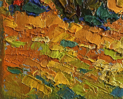 Oil painting Moonlit night by Oleksiy Ivanyuk with golden yellow green impasto and blue accents