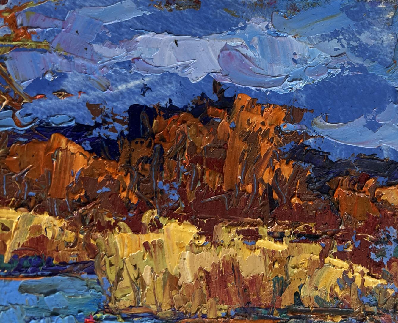 Oil painting Autumn river waters by Oksana Ivanyuk with blue sky and orange rocks