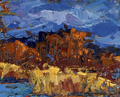 Oil painting Autumn river waters by Oksana Ivanyuk with blue sky and orange rocks