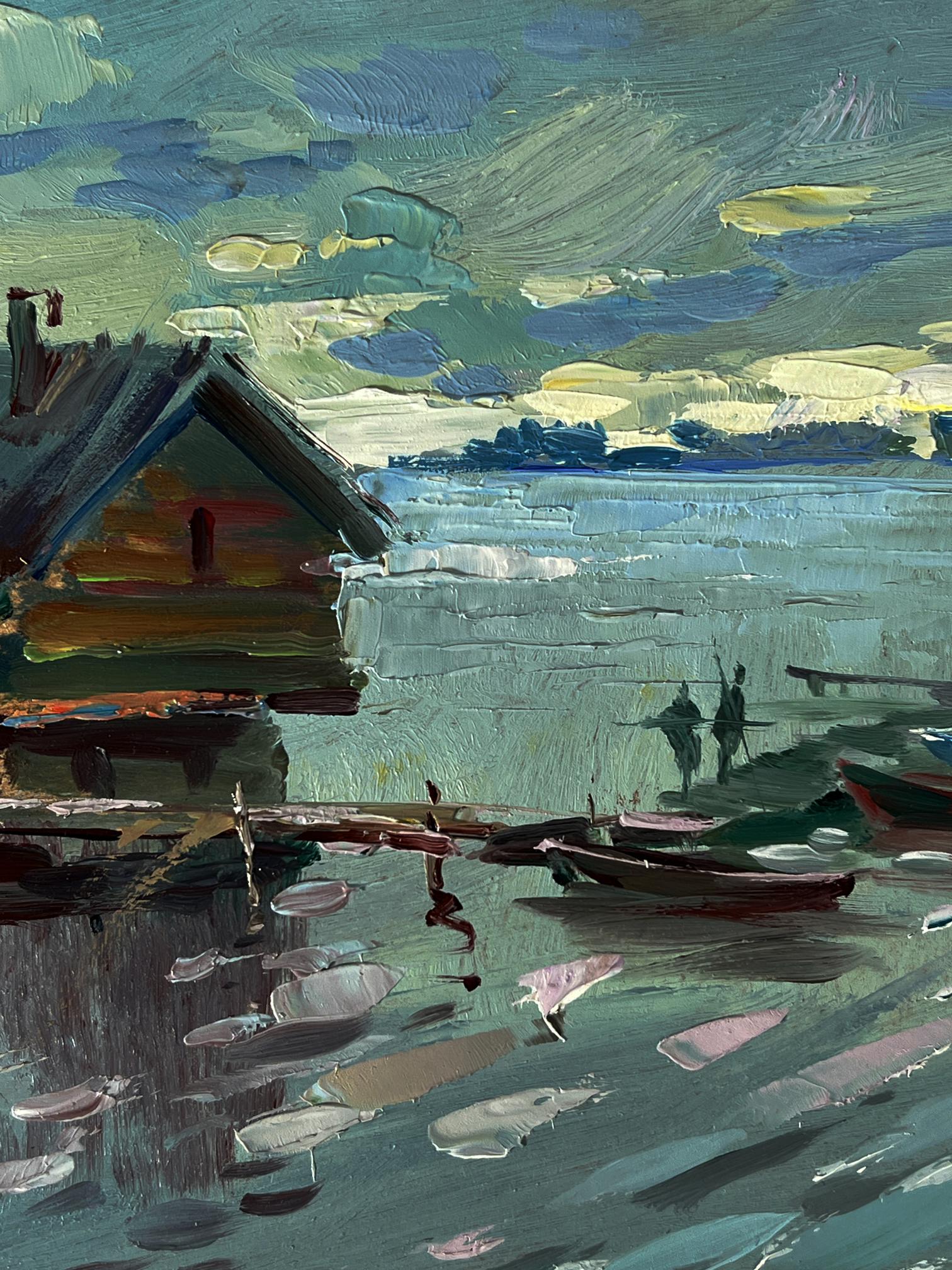 Oil painting of rustic house by water by Yuriy Suprunchuk