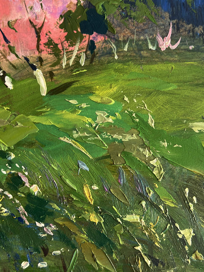 Vibrant impressionist oil painting of blooming trees in garden by Yuriy Suprunchuk