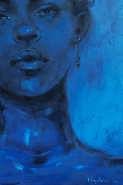 Blue-toned oil painting portrait of Calm Victoria Kagalovska with earring