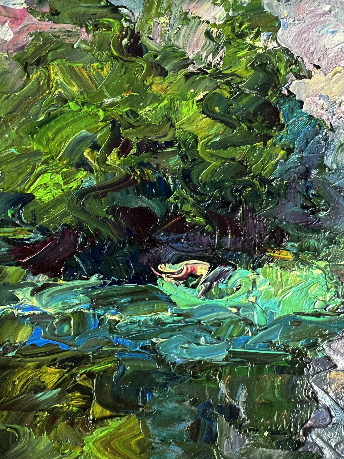 Oil painting Quiet daytime river by Boris Serdyuk, vibrant green blue strokes
