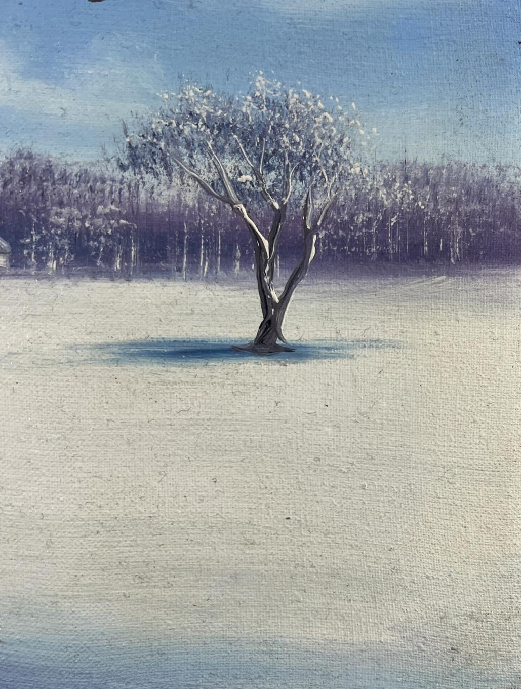 Oil painting of solitary gnarled tree with white blossoms in snowy field at dawn by Andrei Bagno