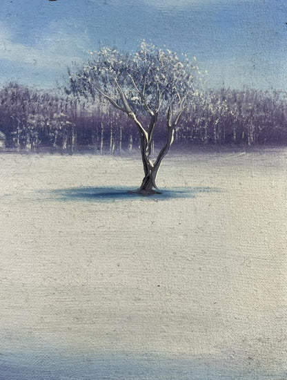 Oil painting of solitary gnarled tree with white blossoms in snowy field at dawn by Andrei Bagno