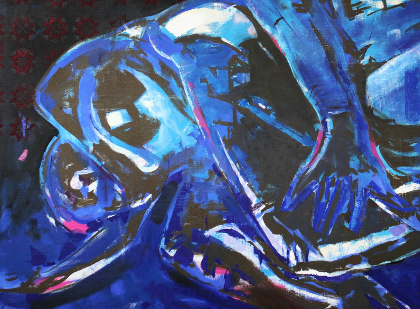 Abstract blue black figure oil painting Relax Ed Potapenkov red floral dark background