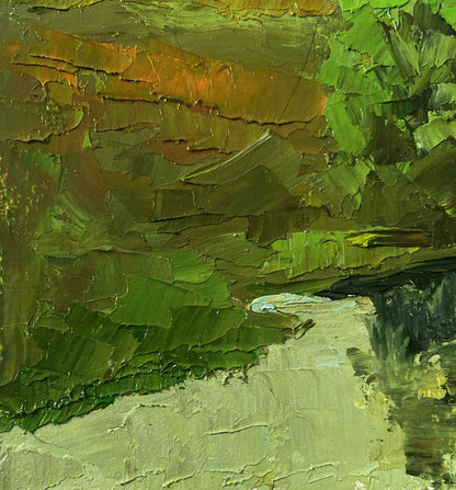 Oil painting of mountain nature by Boris Serdyuk, textured green brown landscape