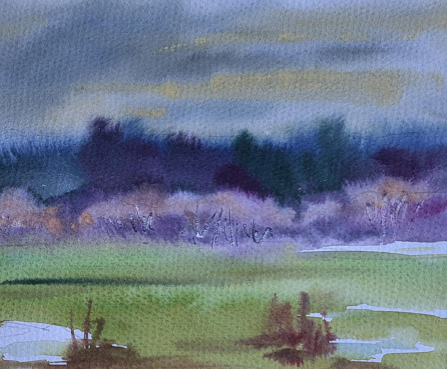 Watercolor painting First snow silence by Boris Serdyuk, green field and purple trees