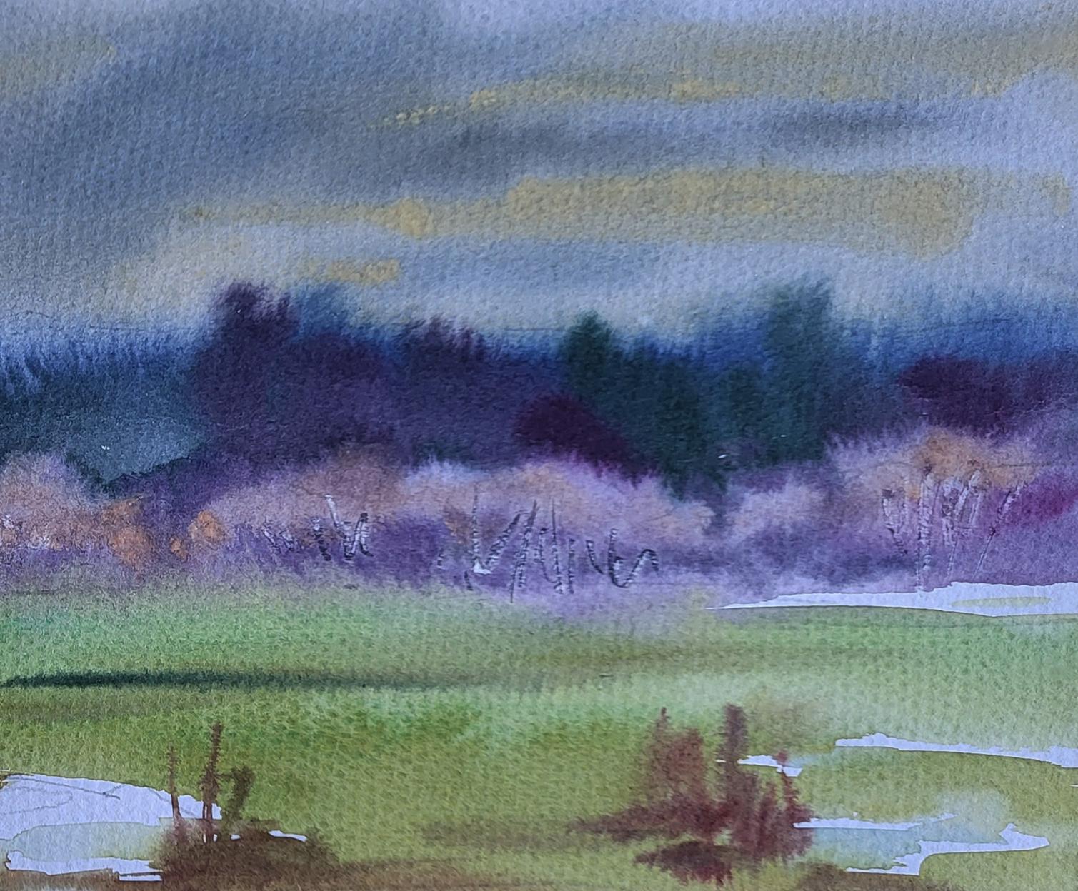 Watercolor painting First snow silence by Boris Serdyuk, green field and purple trees