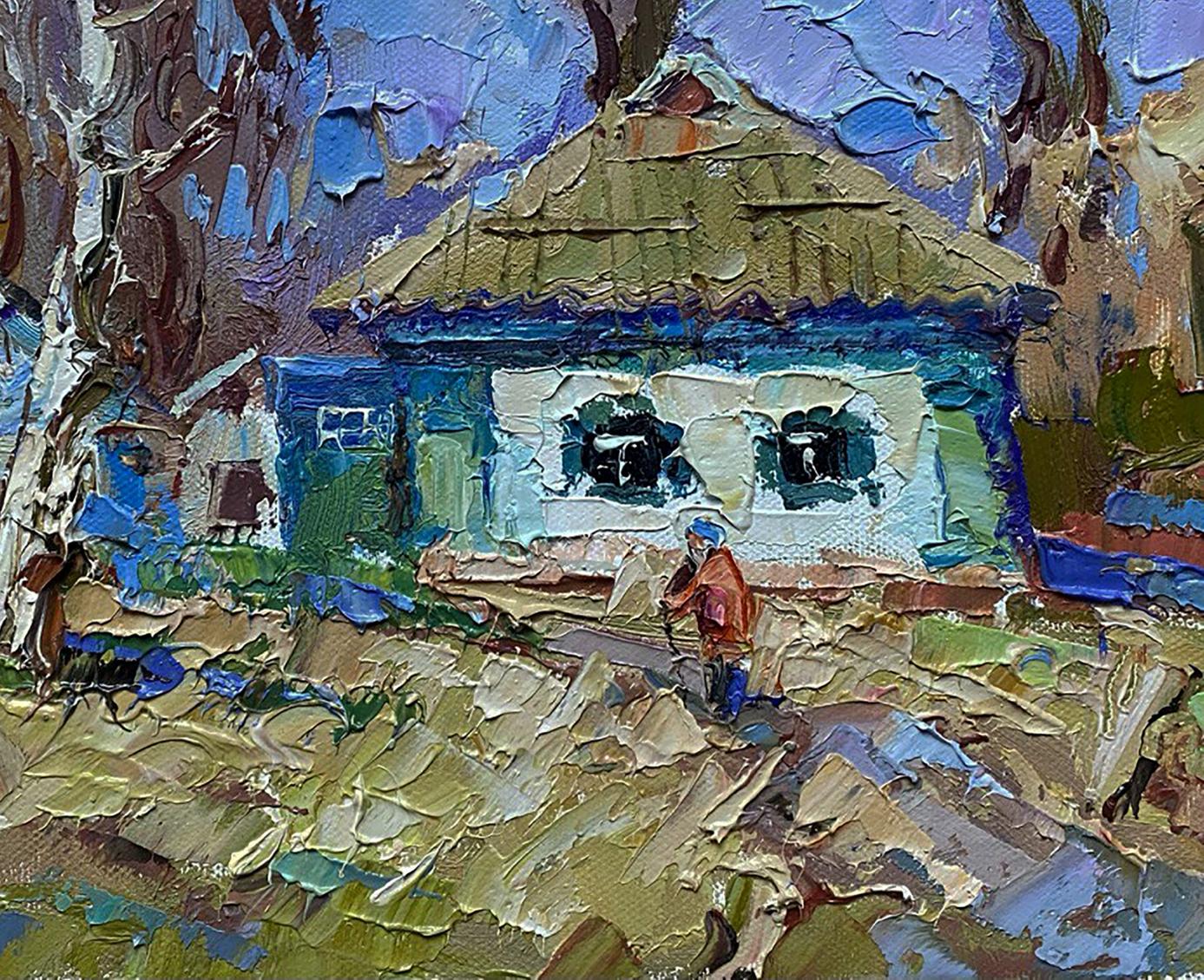 Oil painting of rustic blue white house with thatched roof by Oleksiy Ivanyuk