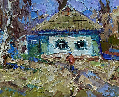 Oil painting of rustic blue white house with thatched roof by Oleksiy Ivanyuk