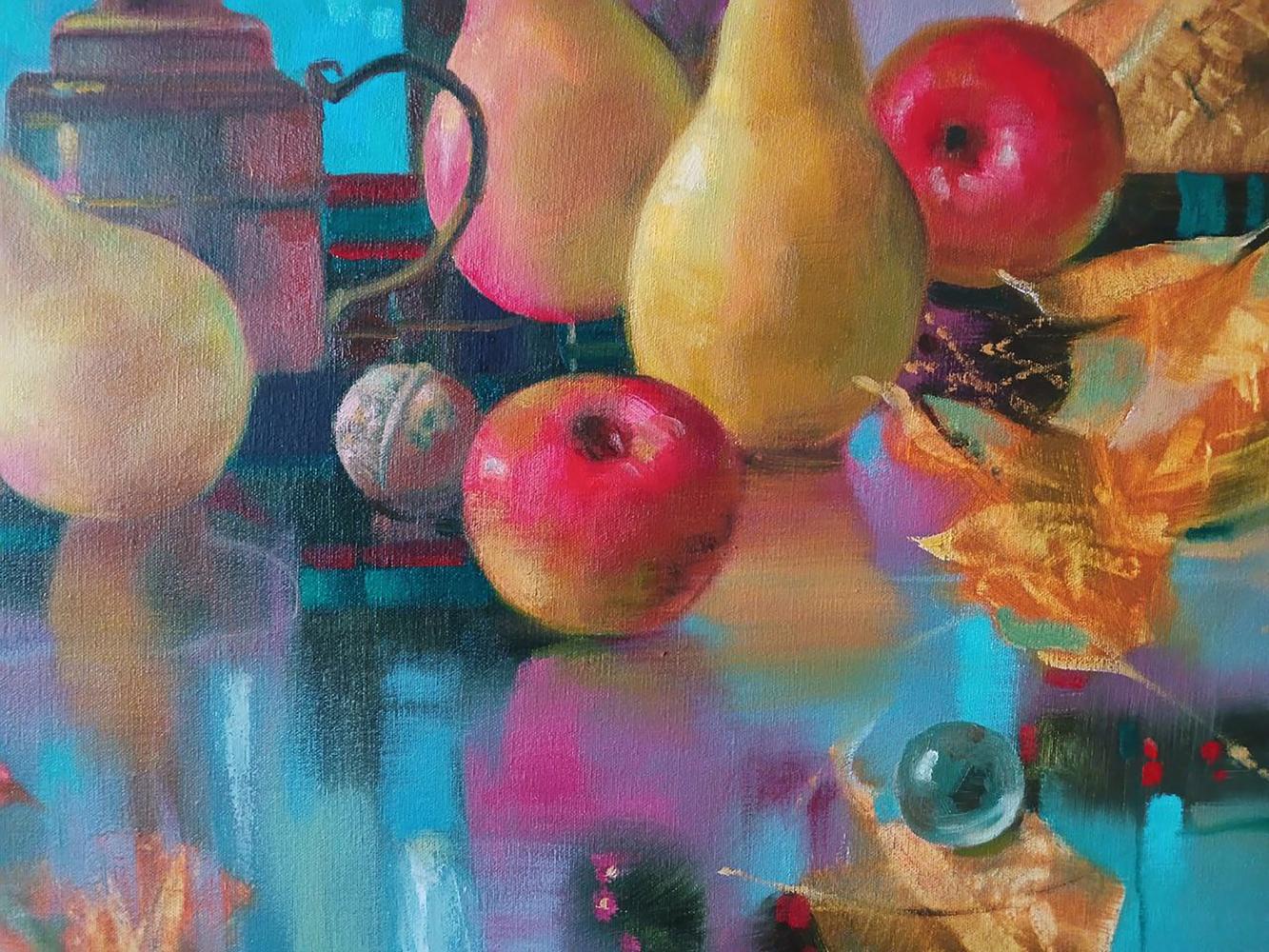 Vibrant abstract oil painting of pears, apples, autumn leaves by Anatoly Tarabanov